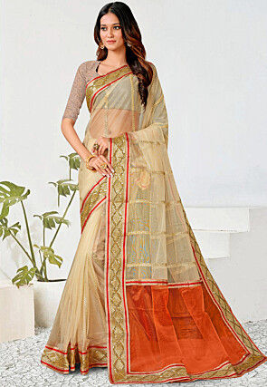 Embroidered Net Shimmer Saree in Beige