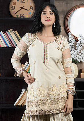 Embroidered Net Straight Kurta in Beige