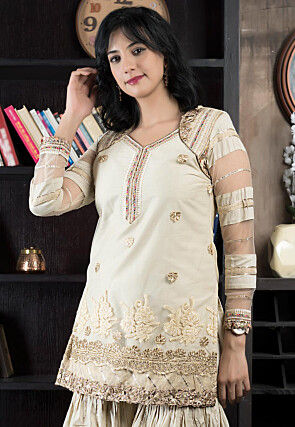 Embroidered Net Straight Kurta in Beige