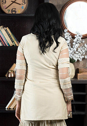 Embroidered Net Straight Kurta in Beige