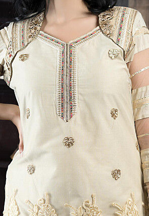 Embroidered Net Straight Kurta in Beige