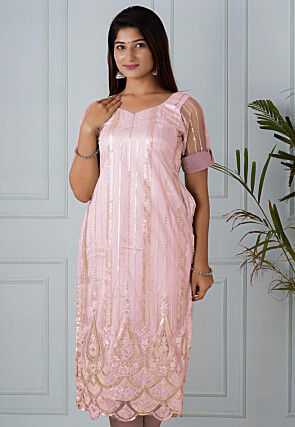 Embroidered Net Straight Kurta in Light Pink