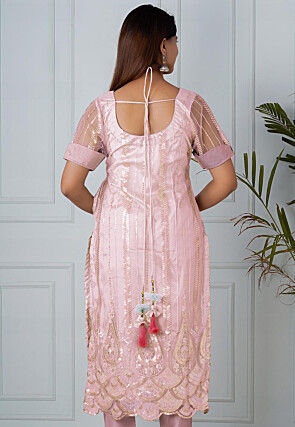 Embroidered Net Straight Kurta in Light Pink