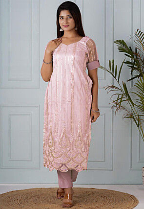 Embroidered Net Straight Kurta in Light Pink
