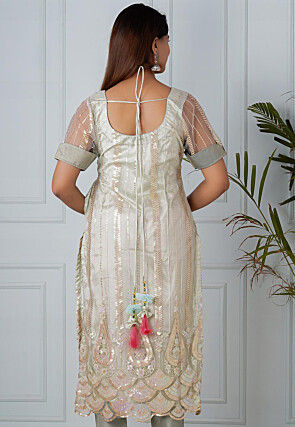 Embroidered Net Straight Kurta in Pastel Green