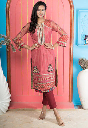 Embroidered Net Straight Kurta in Pink