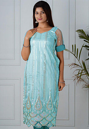 Embroidered Net Straight Kurta in Sky Blue