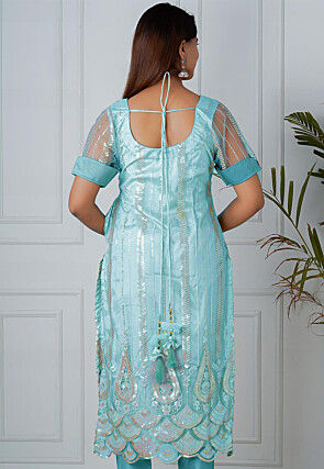 Embroidered Net Straight Kurta in Sky Blue