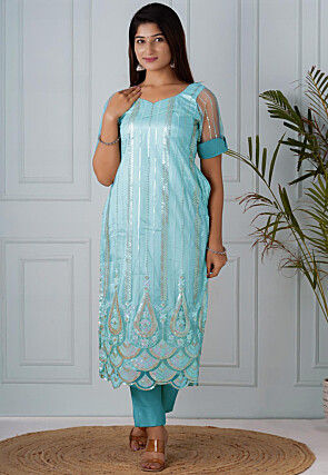 Embroidered Net Straight Kurta in Sky Blue