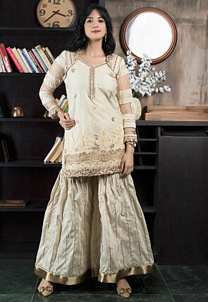 Embroidered Net Straight Kurta Set in Beige