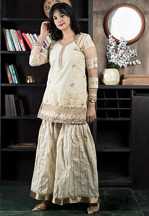 Embroidered Net Straight Kurta Set in Beige