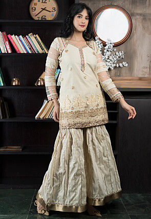 Embroidered Net Straight Kurta Set in Beige