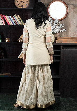 Embroidered Net Straight Kurta Set in Beige