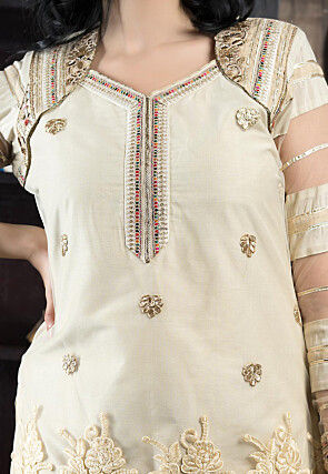 Embroidered Net Straight Kurta Set in Beige
