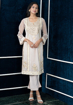 Embroidered Net Straight Kurta Set in Off White