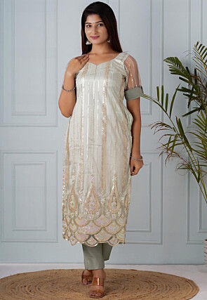 Embroidered Net Straight Kurta Set in Pastel Green