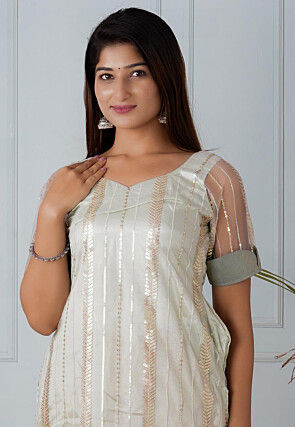 Embroidered Net Straight Kurta Set in Pastel Green