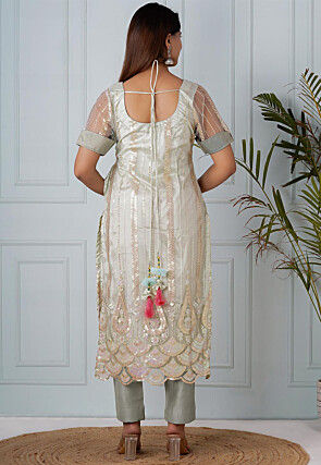 Embroidered Net Straight Kurta Set in Pastel Green