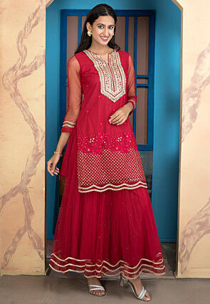 Embroidered Net Straight Kurta Set in Pink