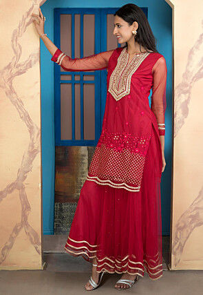 Embroidered Net Straight Kurta Set in Pink