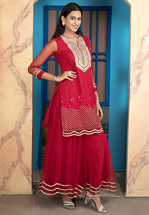 Embroidered Net Straight Kurta Set in Pink