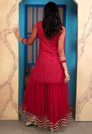 Embroidered Net Straight Kurta Set in Pink