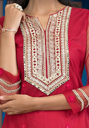 Embroidered Net Straight Kurta Set in Pink