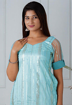 Embroidered Net Straight Kurta Set in Sky Blue
