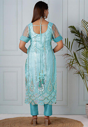 Embroidered Net Straight Kurta Set in Sky Blue