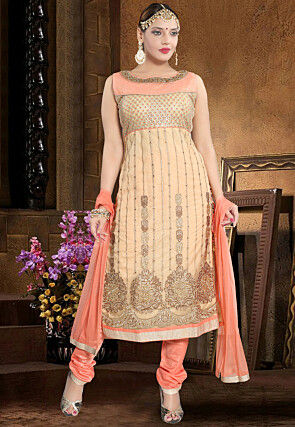 Embroidered Net Straight Suit in Beige and Peach