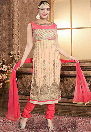 Embroidered Net Straight Suit in Beige and Red