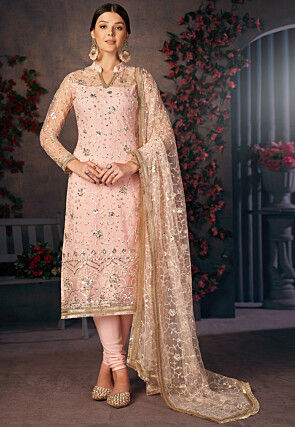 Embroidered Net Straight Suit in Peach