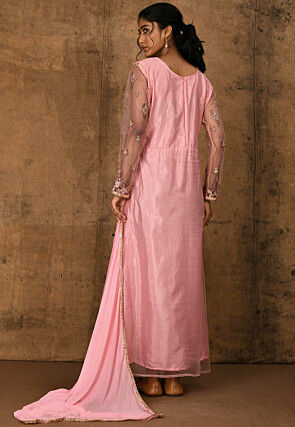 Embroidered Net Straight Suit in Peach