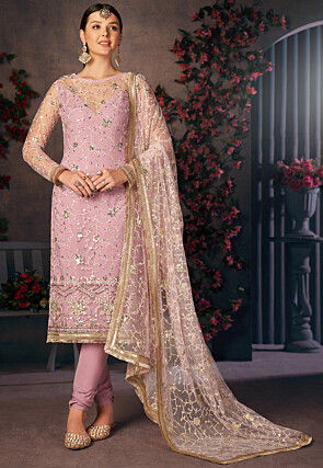 Embroidered Net Straight Suit in Pink