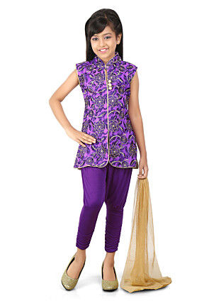 Embroidered Net Straight Suit in Purple