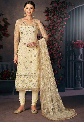 Embroidered Net Straight Suit in Yellow