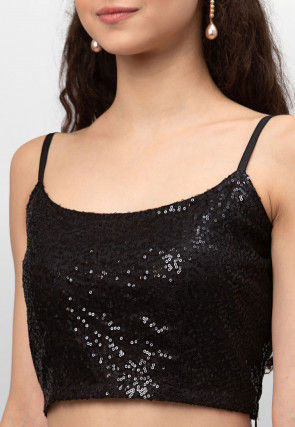 Embroidered Net Strappy Crop Top in Black