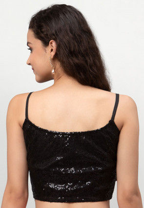 Embroidered Net Strappy Crop Top in Black