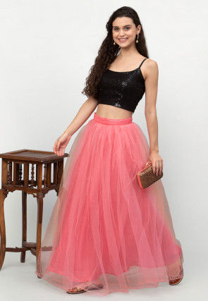 Embroidered Net Strappy Crop Top in Black