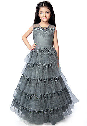 Embroidered Net Tiered Gown in Grey