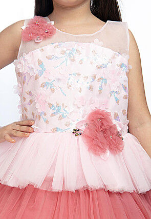 Embroidered Net Tiered Gown in Light Pink and Peach