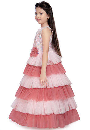 Embroidered Net Tiered Gown in Light Pink and Peach