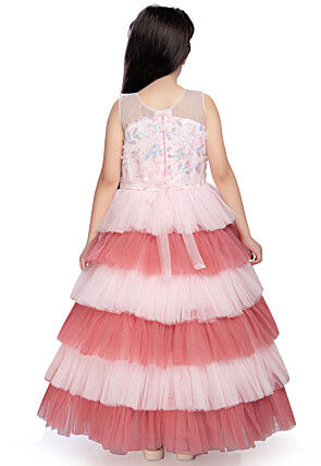 Embroidered Net Tiered Gown in Light Pink and Peach