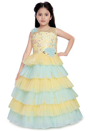 Embroidered Net Tiered Gown in Light Yellow and Sky Blue