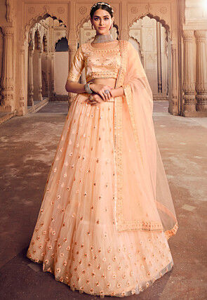 Embroidered Net Tiered Lehenga in Peach