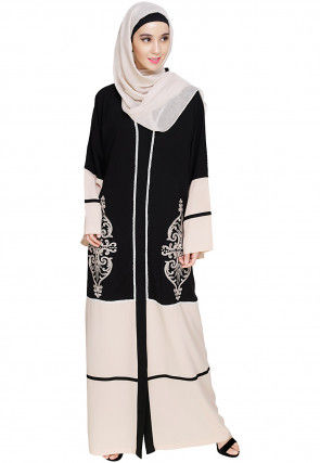 Embroidered Nida Dubai Style Abaya in Black and Light Beige