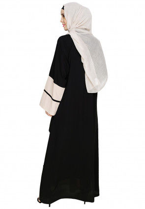 Embroidered Nida Dubai Style Abaya in Black and Light Beige