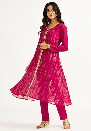 Embroidered Organza A Line Kurta Set in Fuchsia