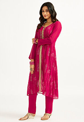 Embroidered Organza A Line Kurta Set in Fuchsia