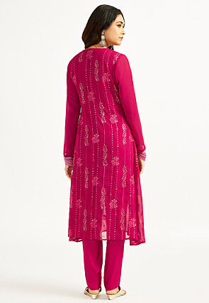 Embroidered Organza A Line Kurta Set in Fuchsia